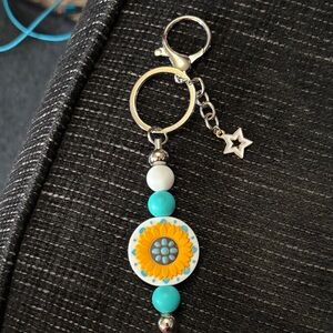 Handmade Sunflower Keychain with Turquoise Beads